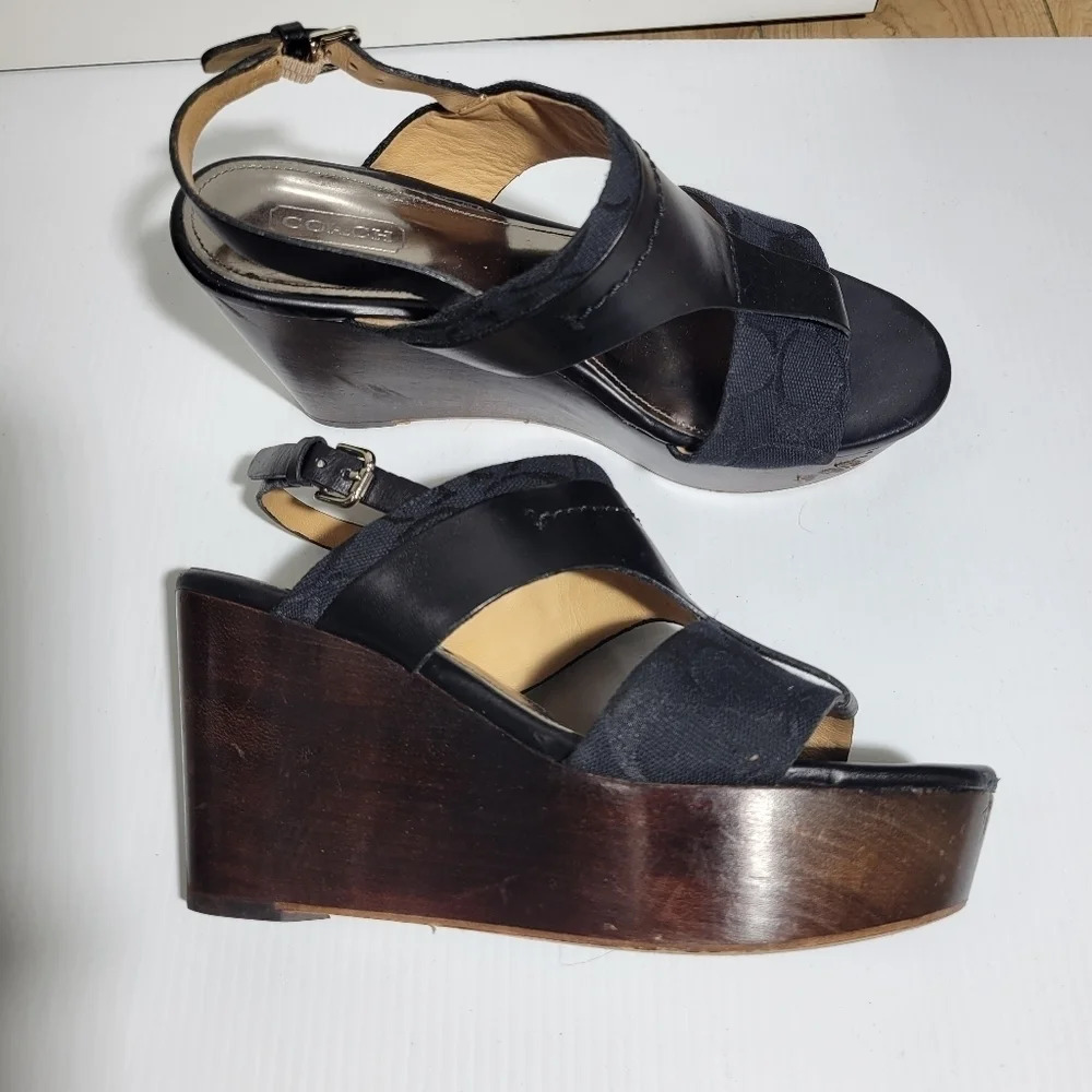 COACH Campbell wedge platform open toe ankle strap  logo sandals size 7